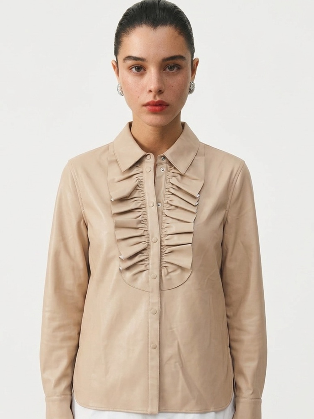 TIBI | Tan Ruffled Snap-Up Faux Leather Blouse Long Sleeves Women’s Size 4